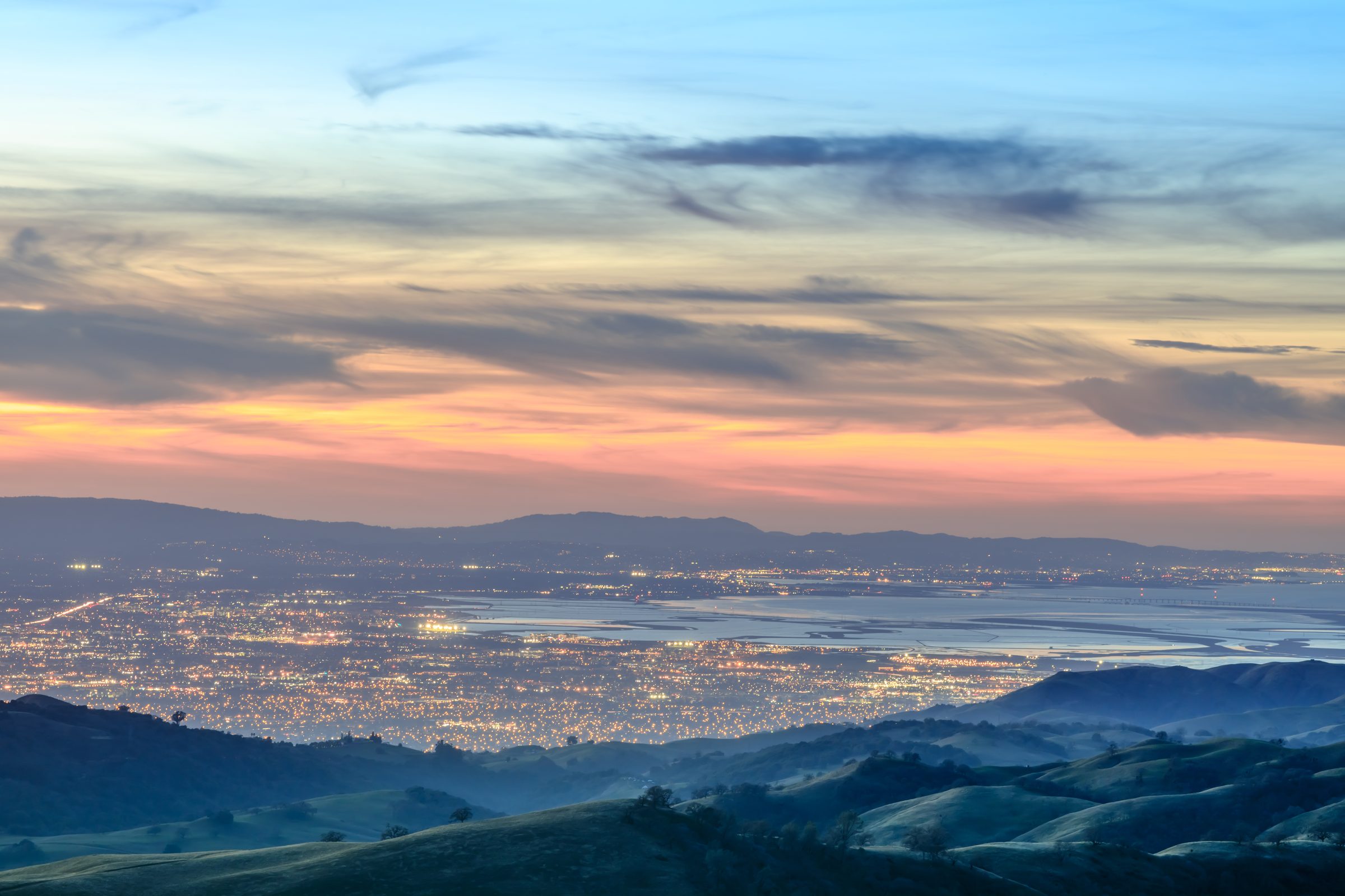 Silicon Valley at dusk overlooking Santa Clara